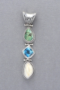 Sterling Silver Elk Ivory Pendant with Blue Quartz & Turquoise